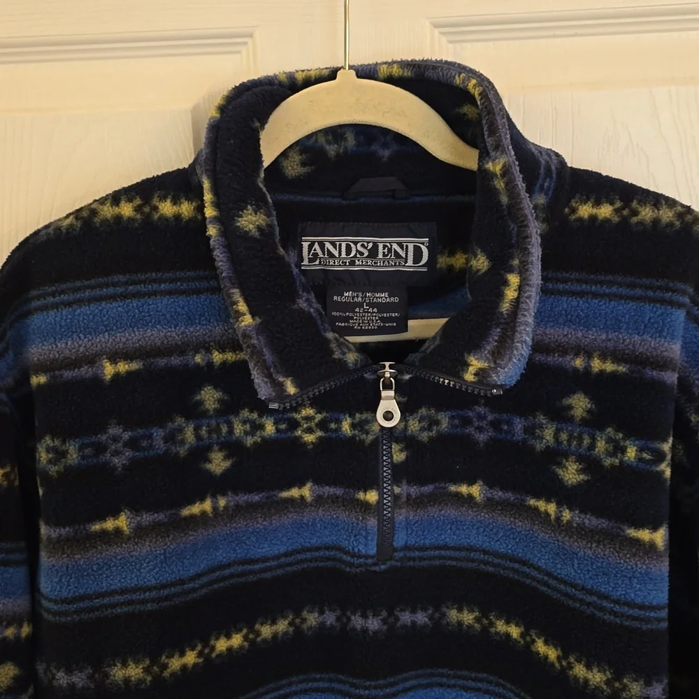 Lands' End Men's Pull over 1/4 Zip Polartech Sweater Print Blue Green Size Large - Picture 3 of 16